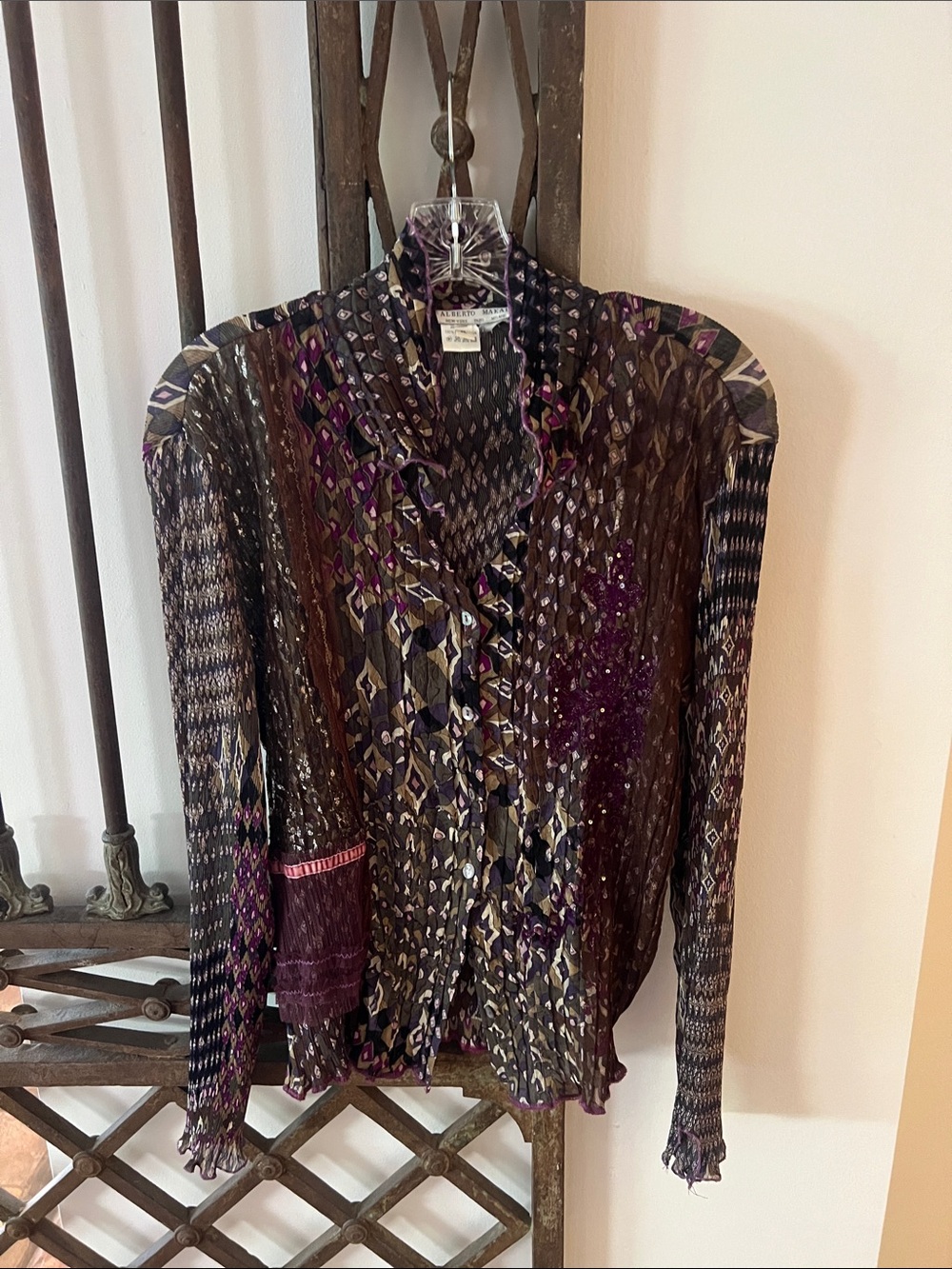 Alberto Makali Multicolor Printed Ruffle-Front Blouse — Purple & Brown Accents